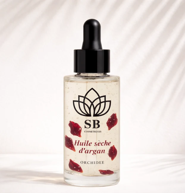 Flacon d’huile d’argan naturelle entouré de pétales de roses